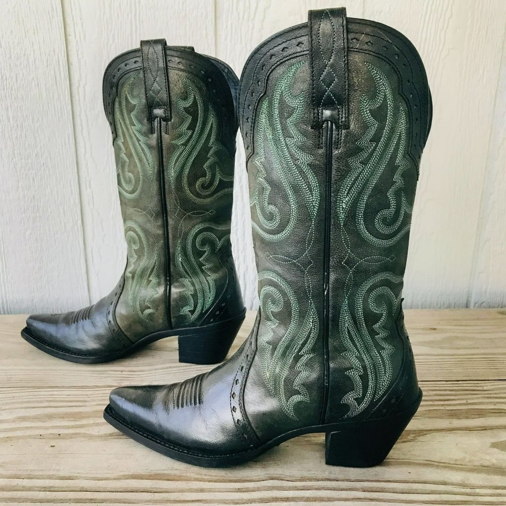 Ariat Heritage Western X Toe Cowboy Boots Womens 6 B Black Leather Green Embroid